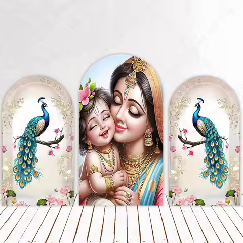 Indian Style Arch Backdrop Cover Peacock Radha Krishna Yashoda Peacock Kids Birthday Party Baby Show