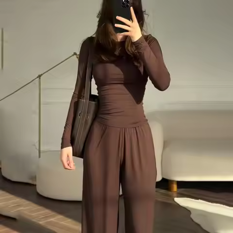 Women Sports Fitness Short Sleeve O Neck Slim Tshirt Casual 2 Piece Wide Leg Sweatpants Set Streetwe