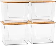 Citylife 4 PCS Clear Stackable Storage Box with Bamboo Lid, Open Dip Storage Box Basket is Shelves, Storage Compartments, Cabinets, Bathroom Organizational Decoration