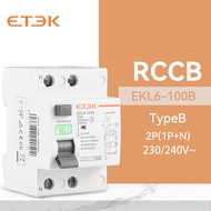 ETEK RCD RCCB Type B วงจรเบรกเกอร์ปัจจุบันที่เหลือรั่ว Evse 2P AC 40a 63a 100a 30ma EKL6-100B 10KA