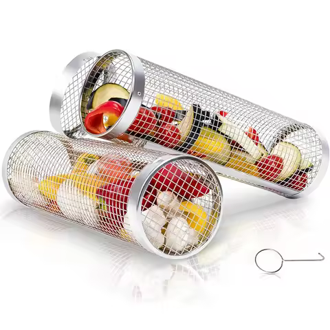 BBQ Net Tube Portable Rolling Grilling Basket Stainless Steel Wire Mesh Cylinder Grill Basket For Ou