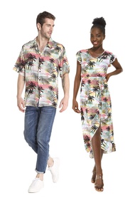 Matchable Couple Hawaiian Luau Shirt or Wrap Ruffle Dress in Sunset Neon
