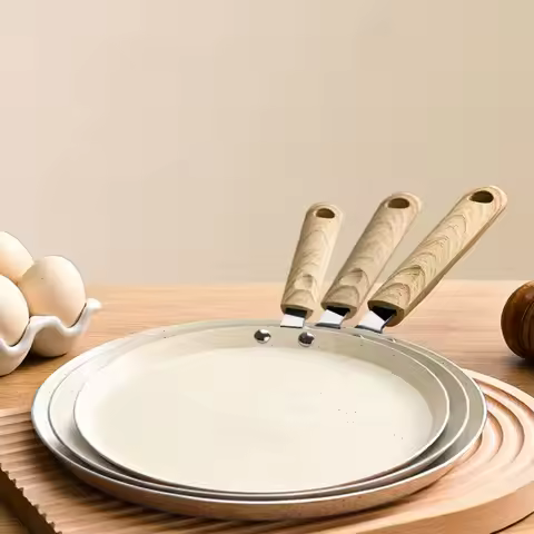 Steak Pan Non-Stick Crepe Pancake Pan 6/8/10 Inch Wooden Handle Frying Pan Beige Aluminum Omelet Pan