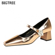 [5cm]BIGTREE Women's Chunky High Heels5288-K87Medium Heel Shallow Mouth Square Toe Women's Shoes