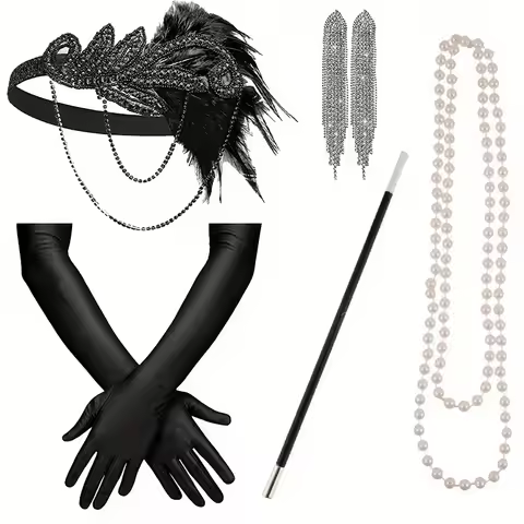 1920s party retro accessories Fringe earrings feather headdress long black gloves fake smoke poles a