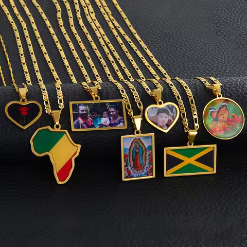 Custom Map Flag Pendant Necklace Private Medallions,Personalized Colored Photo Pet Butterfly Bird An