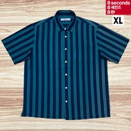 KEMEJA Cotton 8 SECONDS Striped Short Sleeve Navy Green Shirt (XL)