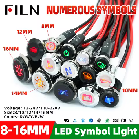 8/10/12/14/16mm Symbol LED Indicator Light 12V 24V Black Metal Indicator Dash Pilot Light with Wire 