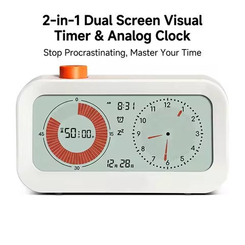 2-in-1 Visual Timer Analog Clock with Knob, LCD Display Snooze Function 60-Min Desktop Countdown Tim