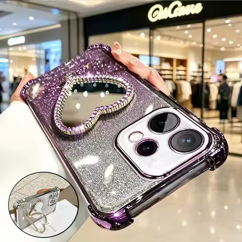 Glitter Heart Mirror Holder Bracket Phone Case For OPPO Reno 15 Reno15 15C 15F Reno14 14 13 12 Pro 1