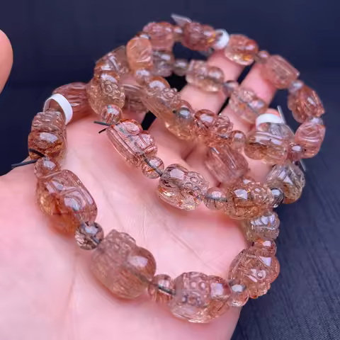 1 Pc Fengbaowu Natural Black Gold Rutilated Quartz Pixiu Bracelet 9x14MM Mythical Animal Beads Fashi