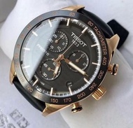 TISSOT PRS516 黑色配玫瑰金色錶盤 陶瓷圈 黑色皮革錶帶 石英 三眼計時 男士手錶 T1004173605100