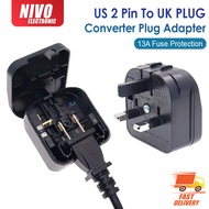 US 2 Pin To 3 Pin UK Converter Plug Adapter With 13A Fuse Protection - White / Black Color