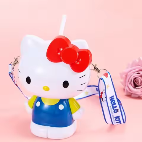 Cute Hello Cute Kitty 3d Strap Bottle 900ml Removable Strainer Cup Brush Food Grade Anime Kawaii for