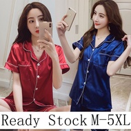 M-5XL Plus Size Women Silk Satin Pyjamas Set Short Sleeve Sleepwear Pajamas Suit Buja Tidur