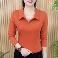 T-(Model-231) Plain Color T-Shirt With 3-Button Collar New Popular Long-Sleeved Shirt Chest Embroide