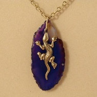 紫瑪瑙切片項鍊 瑪瑙板黃銅蜥蜴吊墜項鍊首飾