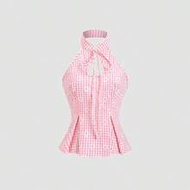 New Chinese Style Petite Collar Water Drop Collar Pink Plaid Daisy Print Sweet Innocent Backless Tie