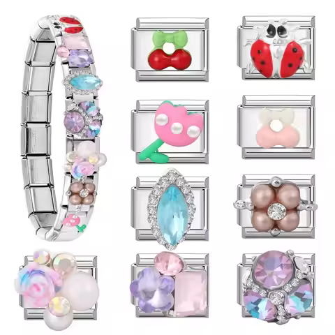 New Sweet Pink Tulip Blue Gems Square Bead Fit Italian Charm Links 9mm Stainless Steel Bracelet Jewe