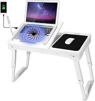 Moclever Laptop Table for Bed-Multi-Functional Laptop Bed Table Tray with Internal Cooling Fan &amp; 2 Independent Laptop Stands-Foldable &amp; 3 Different Height Laptop Desk-LED Lamp-4 Port USB (White)