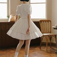 白色 法式復古百褶蛋糕洋裝 短袖夏季收腰連身裙短裙蓬蓬裙子