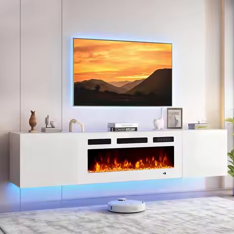 70in Wall Mount Floating TV Stand Console Electric Fireplace 36in 12-Color LED Storage Fit 80in TVs 
