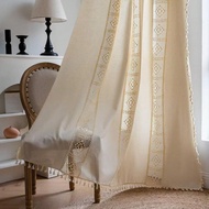 1pc Beige Semi-Blackout Window Curtain, Bohemian Countryside Living Room Bedroom Sheer Vintage Curta