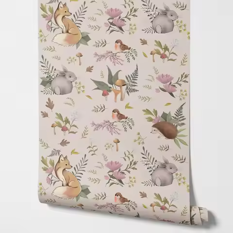 Nursery Forest Friends Wallpaper with little Fox, Grey Rabbit and Cute birds Playing in floral mushr