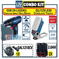 BOSCH COMBO KIT GLI12V-330 CORDLESS TORCH C/W GSB120-LI GEN2 CORDLESS IMPACT DRILL + 2x 12V 2.0AH BATTERY + GAL1210CV CHARGER (GSA120LI+GLI12V330)