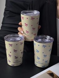 1pc 350ml/11.8oz Or 280ml/9.47oz Bow & Heart Stainless Steel Vacuum Double Wall Insulated Coffee/Tra