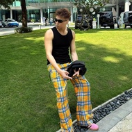 ✨ New Product Limited Class American Retro vintage Yellow Plaid Contrast Color Wide-Leg Casual Pants