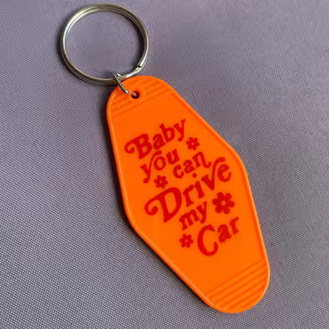 Baby You Can Drive My Car KeyRing Orange Hotel Key Tag Rock Band Classic Music Motel KeyChain Plasti