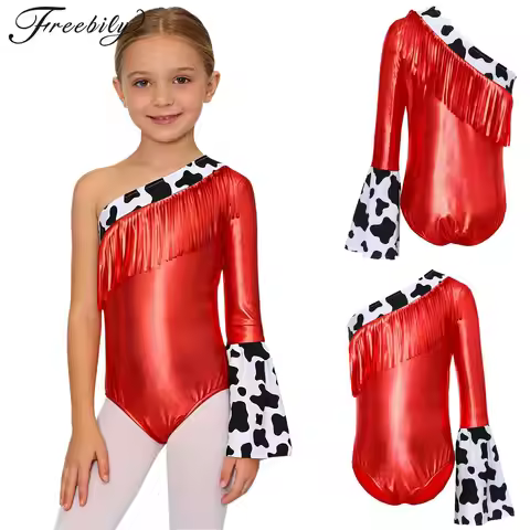 Cowgirl Costume Children's Western Cowboy Outfit Cow Role Play Bodysuit Fringed Metallic Ballet Danc