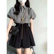 套裝女 baju set seluar Pakaian musim panas dengan satu set lengkap wanita kecil, lengan puff, kemeja ko
