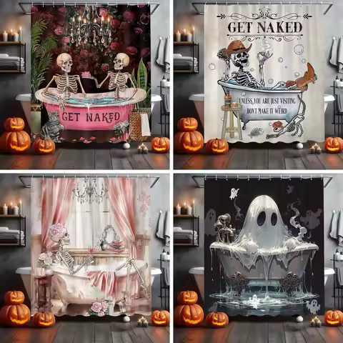 Gothic Skull Skeleton Shower Curtain Halloween Vintage Spooky Funny Black Rose Bone in Bathtub Retro