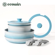 Ecowin Nonstick Pan (4 Pcs) Ceramic Cookware Set Detachable Handle Removable Suitable for All Stoves