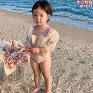 2023新款女童女寶寶粉色蕾絲防曬長袖連身泳衣女孩度假洋派遊泳裝