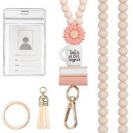 W3RF ไม้ สายคล้องคอประดับลูกปัด พร้อมที่ใส่บัตร ลูกปัดดอกเดซี่สีชมพู สายคล้องบัตร แฟชั่น พร้อมพู่ สา