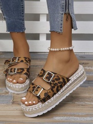 時尚豹紋女款厚底平台楔形涼鞋，開放式腳趾，透氣涼拖鞋，夏季漁夫鞋
