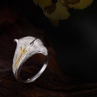 Real S999 Fine Silver Jewelry Handmade Ginkgo Biloba Leaves Women Finger Rings