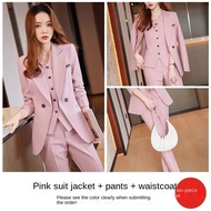 Áo khoác Bộ đồ màu hồng + Vest + pantsthree bộ chi tiết Bộ khí chất trang trọng chuyên nghiệp nữ Hàn
