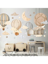 1套卡通熱氣球、星星、月亮、雲朵牆貼，適用於遊戲室、臥室、家居裝飾