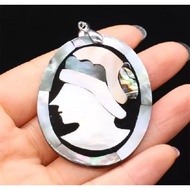 Mother of Pearl Abalone Inlay Seashell Big Paua Shell Cameo Art Deco Lady Necklace