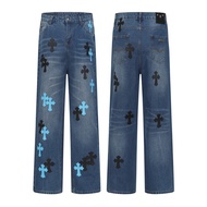 6ZAG Chrome Hearts Four Seasons Cross Embroidered Leather Jeans Couple Style