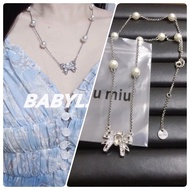 Charmm IU Pearl Silver Butterfly Diamond Pendant Necklace Bracelet Set