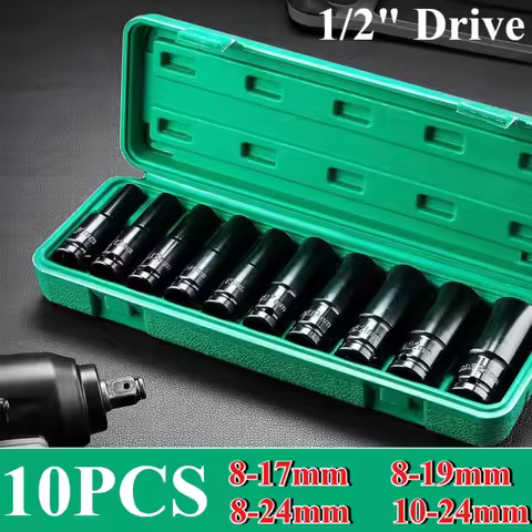 1/2Inch Drive 6-Point Impact Socket Set 10-Piece Metric Sizes 8-24m/10-24mm Carbon Steel Impact Sock