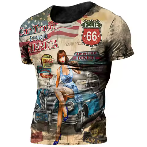 Vintage 66 Route T-shirt For Men 3d Printed Biker Motor Men's T Shirts Oversized T Shirt Route 66 Ra