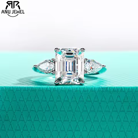 AnuJewel 4ct D Color Emerald Cut Moissanite & 0.5ct Pear Cut Engagement Ring 18K Gold Plated Ideal f