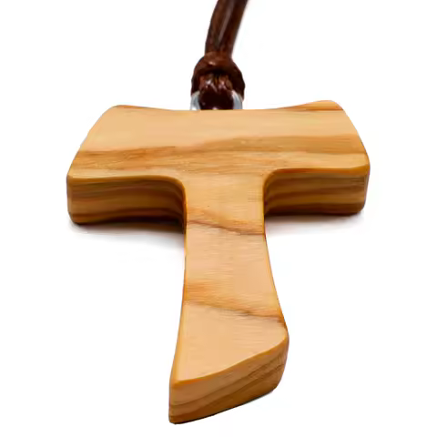 Olive Wood Tau Cross Pendant Necklace 3.0 cm St. Francis Assisi Peace Communion with Franciscan 3 Kn