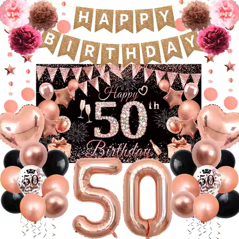 50th Birthday Decorations 32pcs - Rose Gold Backdrop, Hanging Swirl Flag, Balloons | 50/60/70 Year O